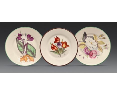 Three Don Pottery fine white earthenware botanical and mixed floral painted dessert plates, c1810, with brown or green enamel