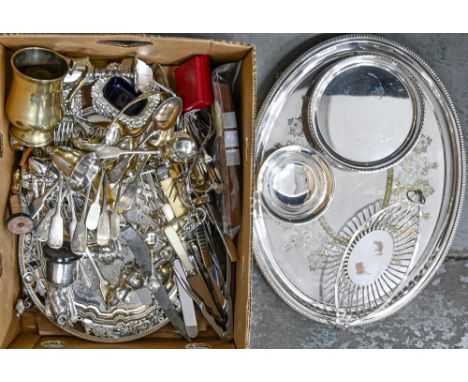 Miscellaneous plated ware, to include an Edwardian oval tea tray, ring handled wirework basket, two owl and fox sculptures, c