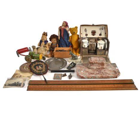 Miscellaneous Victorian and later bygones, including a marble desk stand, pewter plate inlaid with mother-of-pearl, spelter m