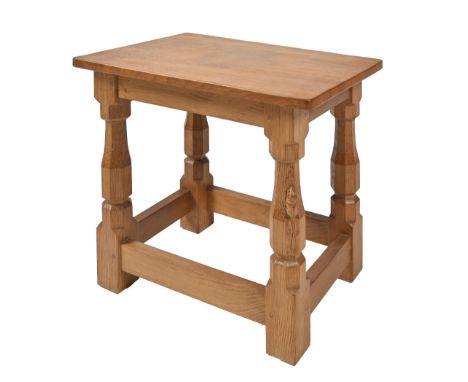A Robert 'Mouseman' Thompson oak stool, 1970s, with adzed top, 39cm h; 28 x 41cm, carved mouse 'signature'  Purchased when ne