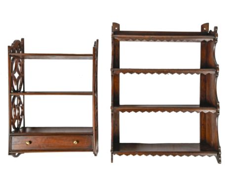 A Victorian mahogany four tier wall hanging shelf,&nbsp;81 x 64cm and a later mahogany fretwork hanging shelf, 75 x 50cm  Goo