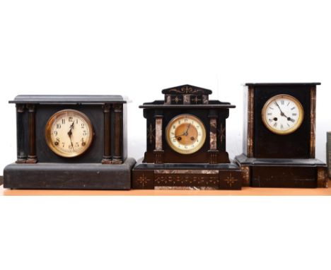 A Belge noir mantle clock, early 20th c, 31cm h another, 32cm h and a contemporary black painted wood mantle clock (2)  Archi
