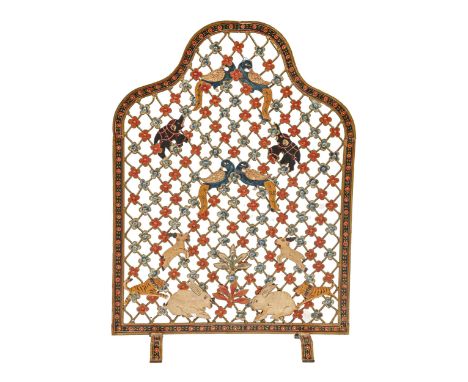 A polychrome sheet metal and wire mesh firescreen, second quarter 20th c, with fanciful birds and animals, 89 x 63cm  