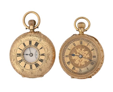 A Swiss 18ct gold half hunting cased keyless lever lady's watch and a Swiss 18ct gold cylinder lady's watch, with enamel or e