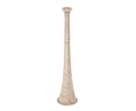 India interest.&nbsp; A Victorian silver hunting horn,&nbsp;engraved with crest, motto and inscription Presented to Major The