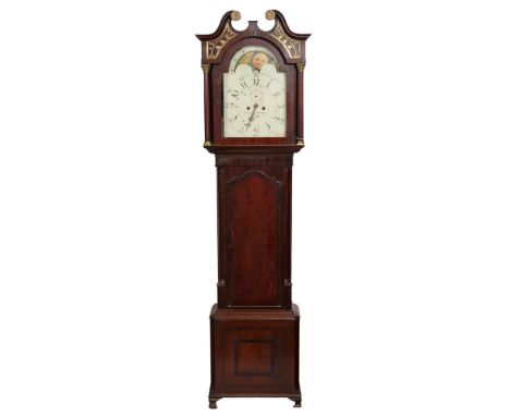 A George III mahogany eight longcase clock, Thomas Baines, Preston, the 13 inch breakarched and painted dial with brass ringe