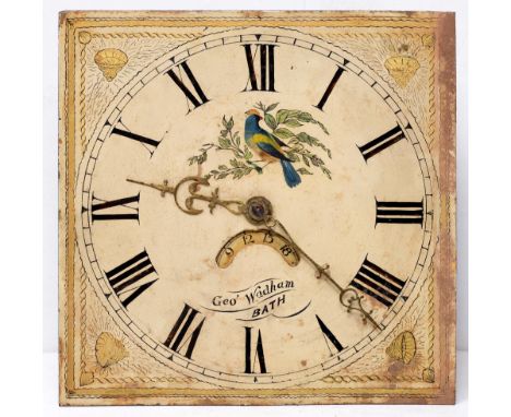 A Victorian thirty-hour longcase clock movement, George Wadham, Bath, the 12 inch painted dial with date sector and bird on a