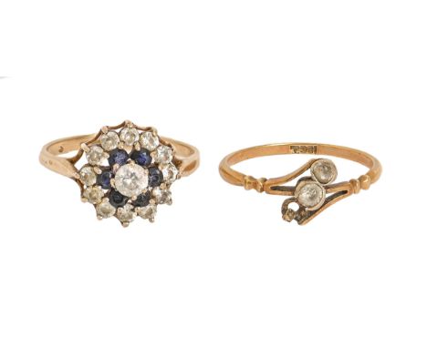 A white stone ring, in gold, marked 18ct and another gem set gold ring, 3.8g, size K, L (2)  The first ring damaged and incom
