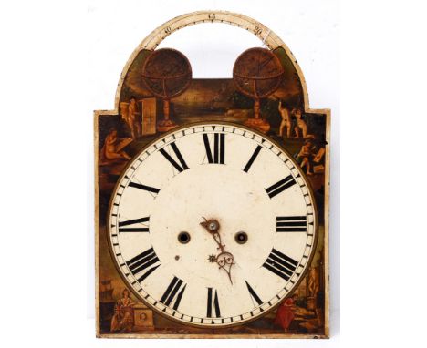 A Victorian longcase clock movement, the 14 ¾ inch painted dial with figure spandrels and terrestial and celestial globes to 