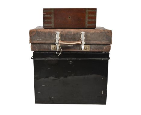 A Victorian brass bound mahogany campaign writing box,&nbsp;with key 43cm wide, a later japanned trunk 46cm h; 62 x 36cm and 