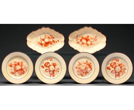 A Don Pottery Drabware dessert service including two 'Royal Scollop'd' dishes, c1810-1815, carefully painted in fiery orange 