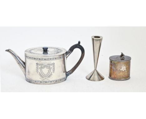 A Victorian EPNS straight sided oval teapot, 14cm h, a similar tea caddy and cover and a candlestick (3)  