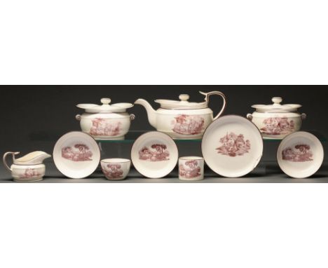 An English pearlware tea and coffee service, c1810, with red-brown bat prints, teapot and cover 13cm h (13)  Provenance: J D 