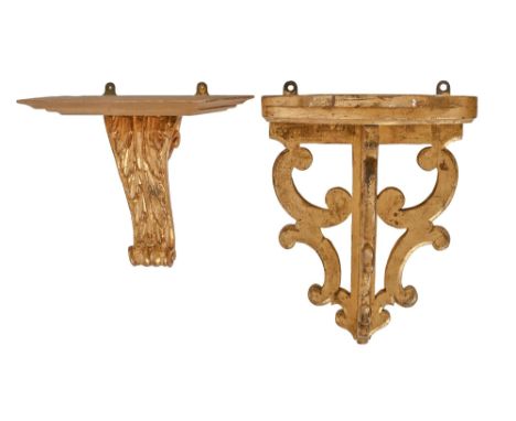 Two giltwood wall brackets, shelf 20 x 30cm and 24.5 x 24cm (shaped)  Good condition except for some slight wear to gilding