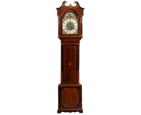 A George III mahogany eight day longcase clock, Wainwright, Overton, the 12.5 inch brass breakarched dial with date aperture,