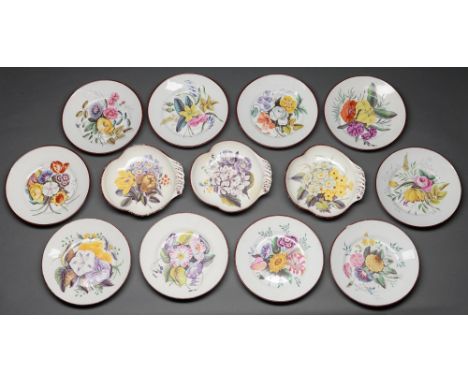 A Don Pottery fine white earthenware dessert service, c1810, boldly painted with a group of colourful flowers, the rim in bro