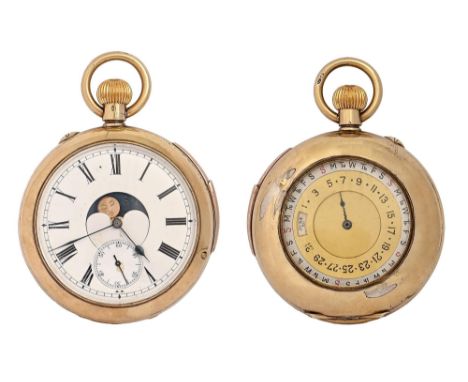 A Swiss silver gilt quarter-repeating keyless lever double dial calendar watch, Baume &amp; Co, early 20th c, the enamel dial