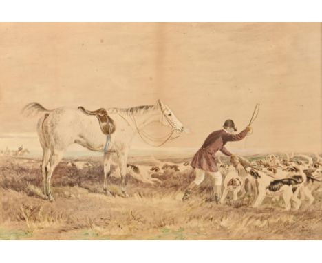 A pair of Victorian hunting prints, hand coloured, 30 x 45cm  Slightly faded; frames with small losses