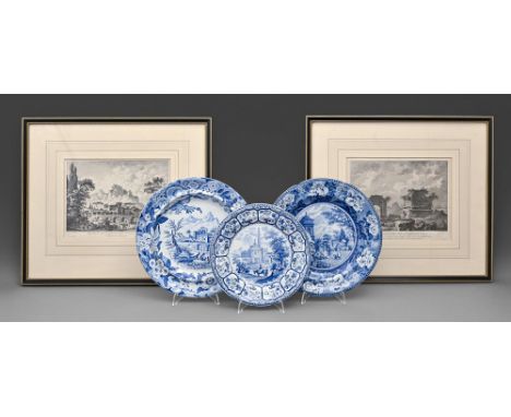 Three Don Pottery blue printed earthenware Italian Landscape Series and other plates, c1830, 21.5-25.5cm diam, impressed DON.