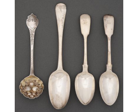 A George III silver sauce ladle, later chased, pierced and gilt as a sugar sifter, London 1816, in Victorian shaped morocco c