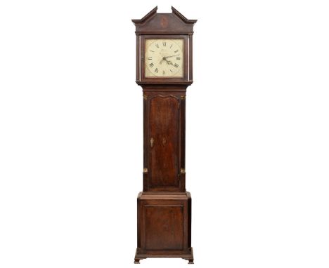 A George III oak thirty-hour longcase clock, Plimer, Wellington, the 11.5 inch painted dial with pierced date sector and gras