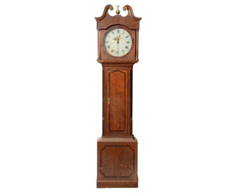 A Victorian oak thirty-hour longcase clock, the round painted dial with thatched cottage to the centre, in oak and line inlai
