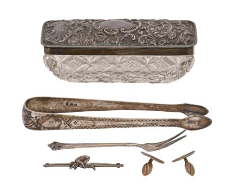An Edwardian cut glass trinket box, with stamped silver cover, 12cm l, by Walker &amp; Hall, Sheffield 1904, a silver pickle 