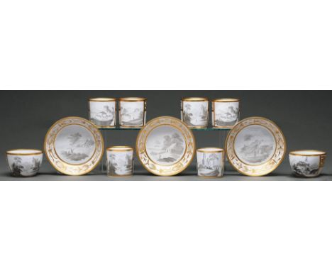 A Spode bat printed tea and coffee service, c1800, printed with scenes from the Landscape Ruins and Cottages series, with gil