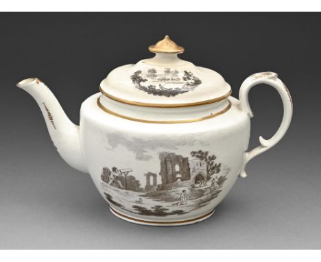 An English porcelain teapot and cover,&nbsp; of 'Covered Wagon' type, possibly Don Pottery, c1805, of hybrid hard paste,&nbsp