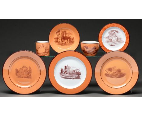 Seven Don Pottery Chalcedony or Orange Body tea and dessert wares, c1806-1815, with different sepia bat prints, on two plates