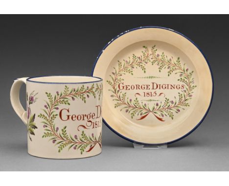 A Don Pottery fine white earthenware mug and plate, dated 1815, inscribed George Diggins 1815, framed by red, green and mauve