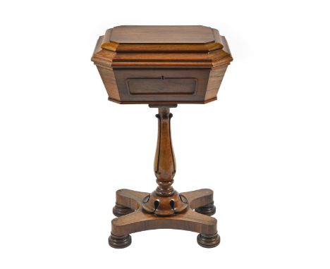 A Victorian rosewood teapoy, on baluster pillar, platform and turned feet, 78cm h; 37 x 48cm  Small old veneer chip on platfo