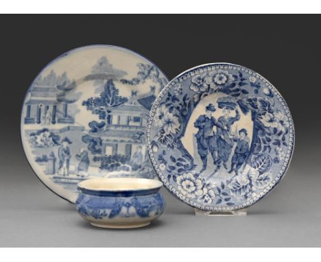 A Don Pottery blue printed pearlware plate, cup plate and salt cellar, c1820, the finely potted salt cellar in a Chinoiserie 