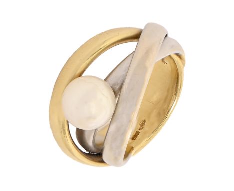An Italian cultured pearl and three colour gold ring, indistinctly signed, control marks for 18ct gold, 15.5g, size M  Proven