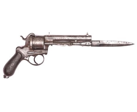 A Belgian 6 shot 12mm Lefaucheux double action pinfire revolver with folding bayonet, c 1865, sighted octagonal barrel 150mm 