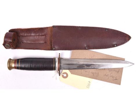 A WWII era sheath knife, DE blade 6½” marked with eye logo and “Taylor Witness Sheffield England”, in its leather scabbard. G