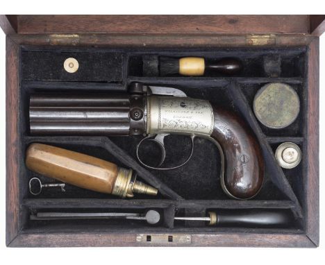 A 6 shot 60 bore self cocking bar hammer percussion pepperbox revolver, by Wilkinson, 8" overall, fluted barrels 3½” with Bir