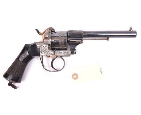 A good German 6 shot 12mm double action pinfire revolver, c 1865, round barrel with octagonal breech 150mm (6") engraved “PFE