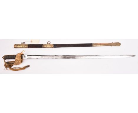 A RN Warrant Officer’s sword, blade 31½” etched “R and G James &amp; Co, 13 Queen St. Portsmouth”, crown, anchor and foliage 