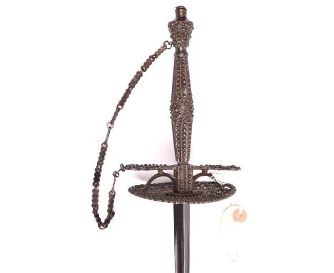 A cut steel hilted court sword, blade 30", stained and with light pitting, cut steel hilt and chain knuckleguard. GC Plate 28