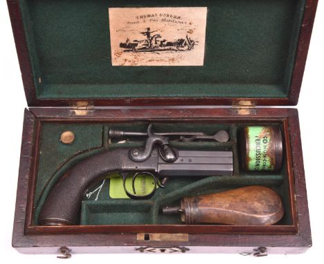 An 80 bore double barrelled over and under turnover percussion boxlock sidehammer pistol by Chas. Osborne, 6¾” overall, one p