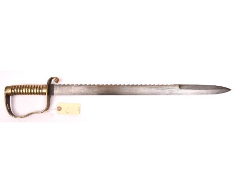 An 1856 Pattern Pioneer’s sidearm, saw backed blade 22½”, marked “Wilkinson Sword Company London”, dated 3 ‘92. Brass hilt ma