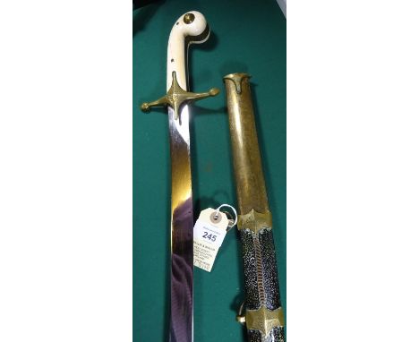 A 19th century mameluke hilted sword, plain , curved, flat blade 33", brass crossguard with bud quillons and langets, horn pi