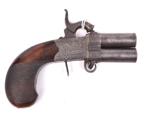 A good double barrelled 36 bore over and under turnover percussion boxlock pocket pistol, by Rigby of Dublin, 6" overall, tur