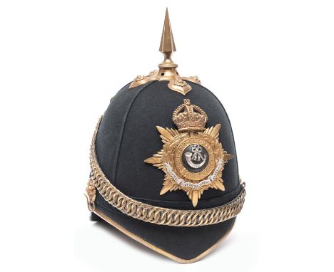 An officer’s post 1902 green cloth home service helmet of the Oxfordshire Light Infantry, KC HP, leather and fabric lining ma