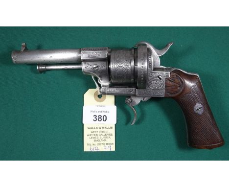 A Belgian 6 shot 9mm Lefaucheux double action pinfire revolver c 1863, number 108991, round barrel with octagonal breech 105m