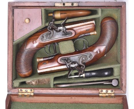 A good pair of 28 bore flintlock travelling pistols, by Taylor, c 1820, 7½” overall, browned octagonal twist barrels 3¼” with