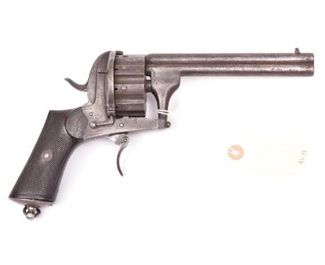 A Belgian double barrelled 20 shot 7mm double action pinfire revolver, c 1860, round over and under barrels 150mm (6”); Liege