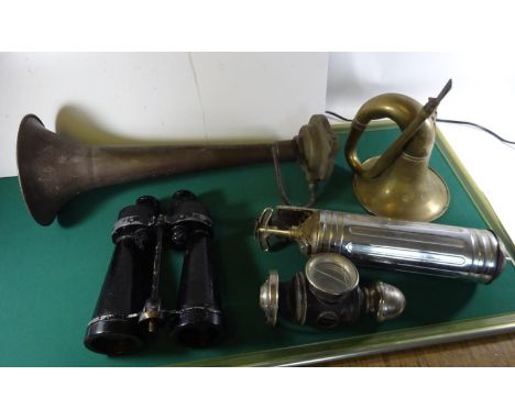 A 7x Naval binocular; a C.T. fire extinguisher; a fog horn, a car horn; a vintage car or cycle lamp. GC (some damage) £20-30.