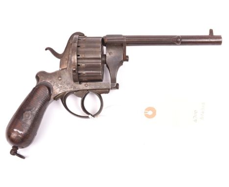 A Belgian 15 shot 7mm Chaineux double action pinfire revolver, c 1865, round barrel 135mm (5½”) engraved “G.GOTH, CALLE SAN M